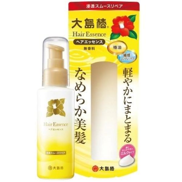 ■製品特徴椿油と3つの美髪成分「補修コンプレックス」配合傷んだ髪を補修してツヤとうるおいを与え、指どおりなめらかに、毛先まで軽やかにまとまる髪へ導きます。無香料 無着色 無鉱物油椿油の〈保湿〉〈柔軟〉〈保護〉という3つの効果の中から、〈柔軟〉効果に着目し開発したミルクタイプのヘアエッセンスです。手触りのよいなめらかな髪へ導きます。キューティクル補修キューティクルのめくれあがりを抑え、ダメージを補修浸透補修髪の強度、ハリ・コシUP毛髪内部まで浸透し、ダメージを補修保湿うるおいとツヤUPうるおいを与え、ダメージを軽減■内容量100ml■原材料水、グリセリン、セテアリルアルコール、カメリア種子油、イソステアリン酸エチル、(C13-15)アルカン、ジメチコン、ステアラミドプロピルジメチルアミン、ラウロイルグルタミン酸ジ（フィトステリル／オクチルドデシル）、ジラウロイルグルタミン酸リシンNa、ツバキ種子エキス、BG、ステアレス-5、ベヘントリモニウムクロリド、トコフェロール、クエン酸、エタノール、メチルパラベン■使用方法手のひらでよく伸ばしてから、毛先を中心に髪全体になじませます。特にパサつきが気になる部分には少量ずつ付け足してください。乾いた髪にお使いいただくと美髪成分がなじみやすく、効果的です。■注意事項・傷・はれもの・湿疹等、異常のある時はご使用をおやめください。・お肌に異常が生じていないかよく注意してご使用ください。・本品を使用して赤味、はれ、かゆみ、刺激、色抜け(白斑等)や黒ずみ等の異常があらわれた時は、使用を中止し皮膚科専門医等にご相談ください。・目に入った時はすぐに洗い流してください。・本品は頭髪以外の部位には使わないでください。・天然由来の原料使用のため、中身の色調に多少の違いが生じる場合がありますが、品質には問題ありません。・使用後はしっかりキャップを閉めて下さい。・乳幼児の手の届かないところに保管してください。・極端に高温・低温の場所は避け、直射日光の当たらない場所に保管してください。【お問い合わせ先】こちらの商品につきましての質問や相談は、当店(ドラッグピュア）または下記へお願いします。大島椿株式会社〒105-0012 東京都港区芝大門2-9-16 Daiwa芝大門ビル4F電話：0120-457-178受付時間：月・火・水・金 10：00〜12：00、13：00〜16：00（祝日を除く）広告文責：株式会社ドラッグピュア作成：202402AY神戸市北区鈴蘭台北町1丁目1-11-103TEL:0120-093-849製造販売：大島椿株式会社区分：化粧品文責：登録販売者 松田誠司■ 関連商品ヘアオイル関連商品大島椿株式会社お取り扱い商品