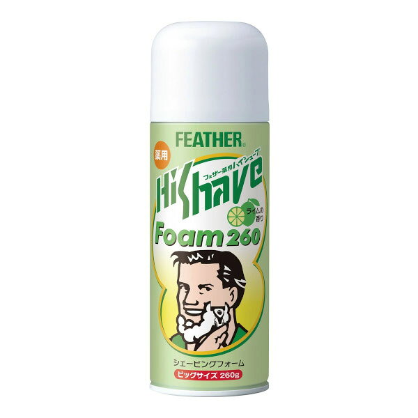 ■製品特徴薬用ハイシェーブシリーズに、男性に人気の”ライムの香り”を加えました。■内容量260g■成分・分量有効成分：グリチルリチン酸2Kその他の成分：ステアリン酸、ミリスチン酸、ラウリン酸ジエタノールアミド、POE(20)ヤシ油脂肪酸ソルビタン、カルボキシビニルポリマー、パラベン、PG、BG、メントール、TEA、セイヨウハッカエキス、香料、精製水、LPG【お問い合わせ先】こちらの商品につきましての質問や相談は、当店(ドラッグピュア）または下記へお願いします。フェザー安全剃刀株式会社〒531-0075 大阪府大阪市北区大淀南3-3-70電話：06-6458-1635受付時間：平日 9:00〜12:00 /13:00〜17:00（土日・祝祭日および弊社の休日を除く）広告文責：株式会社ドラッグピュア作成：202505AY神戸市北区鈴蘭台北町1丁目1-11-103TEL:0120-093-849製造販売：フェザー安全剃刀株式会社区分：【医薬部外品】文責：登録販売者 松田誠司■ 関連商品シェービング剤関連商品フェザー安全剃刀株式会社お取り扱い商品