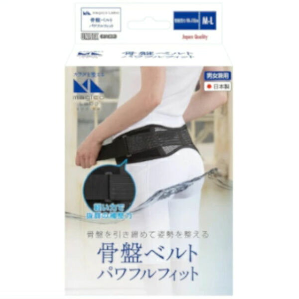 ■製品特徴●姿勢全体のゆがみにつながる骨盤の前傾を抑え、ベルトの引き締めによって正しい状態に導き、しっかりとキープします。●独自に開発した曲線的なウェーブ形状を採用。仙骨を中心にしっかりと骨盤全体にフィットし、ズレにくい特長があります。●補整力を調節できる補助ベルト付き。動滑車の原理を応用し、小さな力でもしっかりと締めることができます。(特許取得)●サイド面には縦横の伸縮性に優れた「2wayトリコット」を採用。通気性も高く、抜群のフィット感で優れた装着感が得られます。●非常に軽量でコンパクトなため持ち運びもラクラク。●通気性にも優れており、アウターに響きにくいデザイン・素材の最薄化などデイリーユースにピッタリです。M-Lサイズ 骨盤周り:90-110cm 黒■内容量1個【お問い合わせ先】こちらの商品につきましての質問や相談は、当店(ドラッグピュア）または下記へお願いします。中山式産業株式会社〒116-0003 東京都荒川区南千住6丁目56-10電話：03-3806-3300受付時間：9:00〜18:00（土・日・祝・年末年始を除く）広告文責：株式会社ドラッグピュア作成：202405AY神戸市北区鈴蘭台北町1丁目1-11-103TEL:0120-093-849製造販売：中山式産業株式会社区分：日用品文責：登録販売者 松田誠司■ 関連商品骨盤ベルト関連商品中山式産業株式会社お取り扱い商品