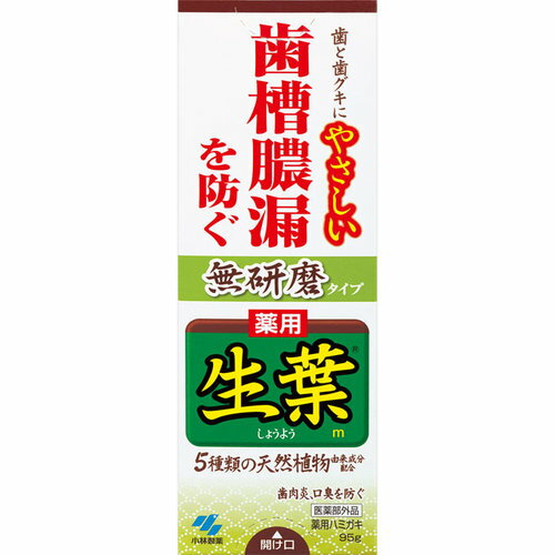 【商品説明】・ 5種類の天然植物由来成分が歯ぐきに働き、歯槽膿漏を防ぎます。・ 殺菌成分ヒノキチオールが、歯槽膿漏の原因菌を殺菌します。・ 研磨剤無配合なので、退縮して弱った歯ぐきと露出した歯をやさしく磨けます。・ やさしいハーブミント味・ フッ素配合【使用方法】・ 適量を歯ブラシにとり、歯及び歯ぐきをブラッシングする。【効果・効能】・ 歯周炎（歯槽膿漏）の予防・ 歯肉（齦）炎の予防・ むし歯を防ぐ・ 口臭の防止・ 歯を白くする・ 口中を浄化する・ 口中を爽快にする【成分・分量】・ 溶剤：精製水、エタノール・ 湿潤剤：ソルビット液、濃グリセリン・ 基剤：無水ケイ酸・ 発泡剤：2-アルキル-N-カルボキシメチル-N-ヒドロキシエチルイミダゾリニウムベタイン、ラウリル硫酸ナトリウム・ 可溶剤：ポリオキシエチレン硬化ヒマシ油・ 増粘剤：ヒドロキシエチルセルロース・ 矯味剤：乳酸アルミニウム・ 洗浄剤：メタリン酸ナトリウム、ムクロジエキス・ 香味剤：香料(ハーブミントタイプ)・ 薬用成分：モノフルオロリン酸ナトリウム(フッ素)、β-グリチルレチン酸、ヒノキチオール・ 安定剤：エデト酸二ナトリウム、アラントイン・ 清涼剤：l-メントール・ 収れん剤：トウキエキス(1)、シャクヤクエキス・ 防腐剤：パラベン・ 甘味剤：サッカリンナトリウム・ 着色剤：黄色4号、青色1号【注意事項】・ 発疹などの異常が出たら使用を中止し、医師に相談すること・ 口内に傷がある場合は使用をひかえること・ 目に入ったらこすらず、すぐに充分洗い流し、異常が残る場合は眼科医に相談すること・ お茶などの着色汚れが気になる場合は、時々一般の歯みがき(研磨剤入り)で磨くことをおすすめします【お問い合わせ先】こちらの商品につきましての質問や相談につきましては、当店（ドラッグピュア）または下記へお願いします。小林製薬株式会社大阪市中央区道修町4-3-6 TEL:06-6203-3625 　お客様相談室受付時間:9:00〜17:00（土日、祝日を除く）広告文責：株式会社ドラッグピュア作成：201901KT神戸市北区鈴蘭台北町1丁目1-11-103TEL:0120-093-849製造・販売：小林製薬株式会社 区分：医薬部外品・日本製 ■ 関連商品小林製薬株式会社　お取扱い商品歯磨き粉 関連用品生葉 シリーズ