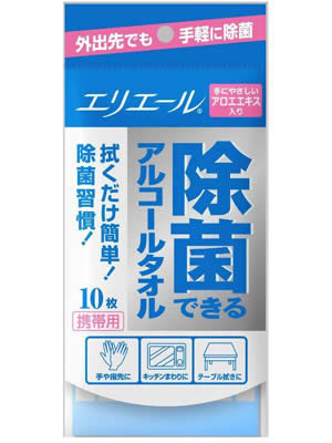 エリエール 除菌できるアルコールタオル 携帯用 10枚入■特長高濃度のアルコールを含ませた、衛生的ウェットティッシュです。肌にやさしい保湿成分のアロエエキスを配合しています。たっぷり使えておトクな100枚入り。■使用用途●帰宅後、食事前の手拭きに●冷蔵庫等のキッチンまわりの衛生に●テーブルなどの身の回りのものの拭きとリに■成分エタノール、水、ポリオキシエチレンアルキルアミン、ベンザルコニウムクロリド、アロエエキス■パッケージ寸法：180mm×90mm×16mm ■使用上の注意●火気の近くでご使用・保管・廃棄はしないでください。●幼児の手の届く所、日の当たる所および高温になる所には置かないで下さい。●ペンキやニスの塗装面、白木、壁紙などには使用しないでください。変色、変質することがあります。●スチロール製品や革製品には使用しないでください。●顔や粘膜、傷口には使用しないでください。●アルコール過敏症の方や乳幼児には使用しないでください。●皮膚の弱い方が使用される場合、および長時間使用される時は、肌荒れのおそれがありますのでご注意ください。●液が目に入ったときは、すぐ水で十分に洗い流して下さい。●トイレの詰まりを防止するために、水洗トイレに流さないで下さい。●乾燥防止のために、ご使用後は青いふたをきちっと閉めてください。●途中でタオルが出なくなった場合はキャップを外して、再セットしてください。●キャップの取り出し口には寿命がありますので、タオルが切れにくくなったら新しいボトルをお買い求め下さい。●すべてのウイルス・細菌類を除去できるわけではありません。 広告文責：株式会社ドラッグピュアYO・SN神戸市北区鈴蘭台北町1丁目1-11-103TEL:0120-093-849製造販売者：株式会社大王製紙所在地：東京本社：〒104-8468　東京都中央区八重洲2-7-2　八重洲三井ビルTEL 03-3271-1961四国本社：〒799-0492　愛媛県四国中央市三島紙屋町2-60 TEL 0896-23-3300区分：雑貨■ 関連商品大王製紙お取り扱い商品除菌できるアルコールタオル シリーズサージカルマスク