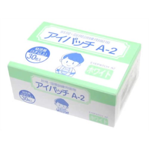 『カワモト アイパッチ A-2 ホワイト（HP-30）30枚入り 幼児用(3才以上)』JANコード：4987601112577 小児の斜視・弱視の治療のひとつとして、健康な目を遮蔽し弱視眼(周辺視も含む)を強制的に使わせて視力の発達を促す訓練用の眼帯です。遮光性を高めるために、遮光層にアルミ蒸着のフィルムを挿入。更に、粘着テープで密着させることにより、完全に遮蔽できます。通気性にすぐれ、粘着剤には皮膚刺激性の低いアクリル系粘着剤を使用しています。左右どちらの目にも使用できます。パッド部分は、タテ40mm*ヨコ63mmのなみだ型です。カラーはホワイト。36枚入り。 素材ポリエステル不織布 ◆ご使用方法剥離紙をはがし「アイパッチ」の細い方を鼻側に向け、眼と眉を同時に覆うようにして、端にしわができないように貼ってください。 ※ご注意●どちらの眼に使用するか、また、一日に何時間使用するかは、　必ず眼科医の指示に従ってください。●過敏症の方は、ご使用前に皮膚の柔らかいところ(わきの下や大腿部など)に貼り、　かぶれを生じないか確かめてください。　万一、発疹・発赤・かゆみなどの症状があらわれた場合は、　使用を中止し、医師にご相談ください。 ■お問い合わせ先こちらの商品につきましての質問や相談につきましては、当店（ドラッグピュア）または下記へお願いします。川本産業株式会社TEL：06-6943-8951広告文責：株式会社ドラッグピュア作成：201301KY神戸市北区鈴蘭台北町1丁目1-11-103TEL:0120-093-849販売元：川本産業株式会社区分：医療雑貨 ■ 関連商品 ■アイパッチ　関連商品■■川本産業株式会社■