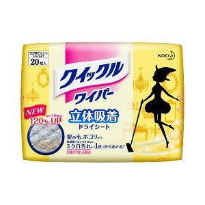 ※発送までに3〜4日かかります。【商品詳細】・クイックルワイパーに取り付けて、フローリング・畳・ビニール床を立ったままラクにおそうじできるシートです。・約50万本のミクロ繊維の立体構造シートで、髪の毛、ホコリ、ハウスダストはもちろん、静電気等ではりついた掃除機ではとりきれないミクロ汚れまでからめとって離しません。・シートは両面使えて、6畳のお部屋を約10〜12回おそうじできます。●こんな場所に便利・軽いから階段もラクラク・髪の毛が多い洗面所にも・畳もOK・ペットのいるご家庭にも●掃除機ではできないこんなことも・ホコリが立ちにくく静かなので赤ちゃんがいるご家庭に・早朝・夜のお掃除にも・節電で電気代の節約に【用途】・床(フローリング・ビニール)、畳、壁、天井、網戸、家具、戸棚、電気製品、FAX等【使用方法】・クイックルワイパーの柄がゆるんでいないことを確認してください。・表面中央のミシン目を破り、1枚ずつ取り出してください。・シートの中央部にクイックルワイパーを置いて、ヘッドをつつみ込むよう、差し込み口(4カ所)に押し込んでとめてください。・クイックルワイパーは、なるべく片手で持って、床をふいてください。【使えないもの】・液晶画面、プラズマディスプレイの画面【お問い合わせ先】こちらの商品につきましての質問や相談につきましては、当店（ドラッグピュア）または下記へお願いします。花王株式会社「生活者コミュニケーションセンター」電　　話：03-5630-5020受付時間：9：00〜17：00(土、日、祝日を除く)広告文責：株式会社ドラッグピュア作　　成：○・201006yf　201407ST神戸市北区鈴蘭台北町1丁目1-11-103TEL:0120-093-849製造販売者：花王株式会社〒131-8501 東京都墨田区文花2-1-3区分：日本製・リビング用品■ 関連商品花王お取り扱い商品衣類洗剤。アタックシリーズアレルクリンシリーズドライマーク洗剤。エマールシリーズ衣類のり。キーピングシリーズ食器洗剤。キュキュットシリーズ除菌に。クイックパンチシリーズ掃除に。クイックルシリーズ衣類に。スタイルケアシリーズ洗濯を楽しく。スタイルフィットシリーズ衣類洗剤。ニュービーズシリーズカビぬめりに。ハイターシリーズ衣類洗剤。ハミングシリーズ食器洗剤。ファミリーシリーズがんこな焦げ付き汚れに。ホーミングシリーズ掃除に。マイペットシリーズ掃除に。マジックリンシリーズ布製品の防臭・除菌。リセッシュシリーズ酸素系漂白剤。ワイドハイターシリーズ