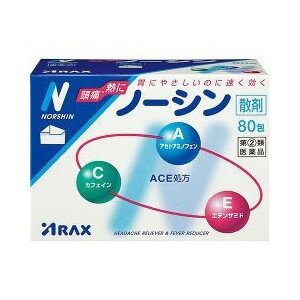 内容量：80包剤型：散剤■製品特徴・ノーシンはACE処方の3つの有効成分(アセトアミノフェン、エテンザミド、カフェイン)が協力的に作用して、頭痛やいろいろな痛み・発熱に速く効き、すぐれた効果を発揮するようにつくられた鎮痛解熱薬です。・頭痛によく効く、3つの有効成分を配合したACE処方です。・胃にやさしいのに速く効きます。・眠くなる成分や習慣性のある成分は含まれていません。・天然の素材を使用した薬包紙で、散剤がのみやすく、のみ残しがありません。【効能 効果】頭痛、歯痛、月経痛(生理痛)、神経痛、関節痛、腰痛、肩こり痛、咽喉痛、耳痛、抜歯後の疼痛、筋肉痛、打撲痛、ねんざ痛、骨折痛、外傷痛の鎮痛、悪寒、発熱時の解熱【用法 用量】次の用量をなるべく空腹時をさけて服用してください。服用間隔は4時間以上おいてください。15歳以上…1日3回、1回1包15歳未満…服用しないでください。＜用法・用量に関連する注意＞・用法、用量を厳守してください。【成分】アセトアミノフェン…300mg、エテンザミド…120mg、カフェイン…70mg〔製品の特性〕グリセロリン酸カルシウム…18mg、ノイレチンカルシウム…24mg、ステアリン酸マグネシウム…6.9mg、バレイショデンプン…151.1mgノーシンには散剤の有用性を高める目的で1包中に上記4種の成分が含まれています。【注意事項】■使用上の注意＜してはいけないこと＞1.次の人は服用しないこと(1)本剤によりアレルギー症状を起こしたことがある人(2)本剤又は他の解熱鎮痛薬、かぜ薬を服用してぜんそくを起こしたことがある人2.本剤を服用している間は、次のいずれの医薬品も服用しないこと／他の解熱鎮痛薬、かぜ薬、鎮静薬3.服用前後は飲酒しないこと4.長期連用しないこと＜相談すること＞・次の人は服用前に医師、歯科医師、薬剤師又は登録販売者に相談すること(1)医師又は歯科医師の治療を受けている人(2)妊婦又は妊娠していると思われる人(3)高齢者。(4)本人又は家族がアレルギー体質の人。(5)薬によりアレルギー症状を起こしたことがある人。(6)次の診断を受けた人。心臓病、腎臓病、肝臓病、胃・十二指腸潰瘍2、次の場合は、直ちに服用を中止し、説明書を持って医師・歯科医師又は薬剤師に相談してください皮膚・・・発疹・発赤、かゆみ消化器・・・悪心・嘔吐、食欲不振精神神経系・・・めまいその他・・・鼻血、歯ぐきの出血、出血が止まりにくい、出血、発熱、のどの痛み、背中の痛み、過度の体温低下 まれに下記の重篤な症状が起こることがある。その場合は直ちに医師の診療を受けること。ショック(アナフィラキシー)・・・服用後すぐに、皮膚のかゆみ、じんましん、声のかすれ、くしゃみ、のどのかゆみ、息苦しさ、動悸、意識の混濁等があらわれる。皮膚粘膜眼症候群(スティーブンス・ジョンソン症候群)、中毒性表皮壊死融解症・・・高熱、目の充血、目やに、唇のただれ、のどの痛み、皮膚の広範囲の発疹・発赤等が持続したり、急激に悪化する。肝機能障害・・・発熱、かゆみ、発疹、黄疸(皮膚や白目が黄色くなる)、褐色尿、全身のだるさ、食欲不振等があらわれる。ぜんそく・・・息をするときゼーゼー、ヒューヒューと鳴る、息苦しい等があらわれる。再生不良性貧血・・・青あざ、鼻血、歯ぐきの出血、発熱、皮膚や粘膜が青白くみえる、疲労感、動悸、息切れ、気分が悪くなりくらっとする、血尿等があらわれる。 ・5〜6回服用しても症状がよくならない場合は服用を中止し、製品の文書を持って医師、歯科医師、薬剤師又は登録販売者に相談すること【保管及び取扱い上の注意】(1)直射日光の当たらない湿気の少ない涼しい所に保管してください。(2)小児の手の届かない所に保管してください。(3)他の容器に入れ替えないでください。(誤用の原因になったり品質が変わります。)(4)服用のつど、ポリ袋の口を正しく閉じてください。また一度開封した後は品質保持の点からなるべく早くご使用ください。(5)使用期限をすぎた製品は服用しないでください。(6)ノーシンの外装フィルムに使われているセロハンは、紙製容器包装には該当しません。可燃ゴミとしてお住まいの地域の廃棄方法に従って廃棄してください。広告文責：株式会社ドラッグピュア作成：201502ST神戸市北区鈴蘭台北町1丁目1-11-103TEL:0120-093-849製造販売会社：株式会社アラクス460-0002　名古屋市中区丸の内三丁目2-26052(951)2055　医薬情報室区分：指定第2類医薬品・日本製文責：登録販売者　松田誠司 ■ 関連商品 アラクス　お取扱商品解熱鎮痛剤　関連商品