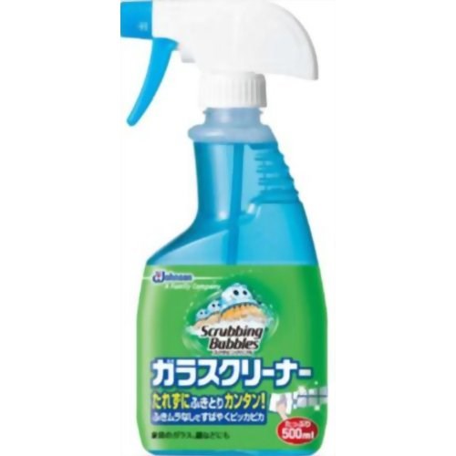 【スクラビングバブル ガラスクリーナー 本体(500mL)の商品説明】●たれずにふきとりカンタン！●ふきムラなしですばやくピッカピカ！●「汚れにはりつく洗浄液」が、垂直面でもたれにくく、ふき取りがしやすいガラスクリーナー●2度ぶきいらずでふきムラのない透明な仕上がりに【用途】・ガラス類・・・窓、鏡、ガラスケース、自動車のガラスなど・その他・・・サッシ、電気製品、照明器具のカサ、飾り棚、冷蔵庫外面など【使用方法】・約20cm離してスプレーし、乾いた布でふき取る。・電気製品に使用する時や、目より高い位置で使用する時は、布にスプレーしてふき取る。・すりガラスはムラになりやすいため、まんべんなくスプレーした後、ブラシ等でこすり、水ぶきする。【使えないもの】・テレビ画面、パソコン画面、白木、うるし、ニス塗装面、水ぶきできない家具、木製品、銅、しんちゅう製品、自動車塗装面【使用量の目安】・1平方メートル当たり約6回スプレー【規格概要】液性・・・弱アルカリ性成分・・・界面活性剤(0.1％、アルキル硫酸エステルアルカノールアミン)、溶剤【注意事項】★使用上の注意・用途以外に使用しない。・換気をよくして使う。・荒れ性の方や長時間使用する場合は、炊事用手袋を着用する。・使用後は手をよく水洗いする。・子供の手の届くところに置かない。・必ず「止」で保管する。・「止」にしたままスプレーしない。【応急処置説明】・目に入った場合・・・すぐ流水で15分以上洗い流し、医師に相談する。・飲み込んだ場合・・・水で口をすすぎ、牛乳か水を飲ませる。異常があれば医師に相談する。・皮膚についた場合・・・水で充分に洗い流す。広告文責及び商品問い合わせ先 広告文責：株式会社ドラッグピュア作成：201111tt神戸市北区鈴蘭台北町1丁目1-11-103TEL:0120-093-849製造・販売元：ジョンソン231-8691 神奈川県横浜市中区山下町22番地 山下町SSKビル045-640-2111■ 関連商品■生活用品 ・洗濯、掃除用品ジョンソン