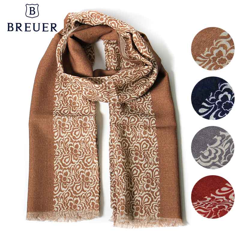 〈BREUER ブリューワー〉大判ストール マフラー ウール wool 起毛 プリント モノトーン 花柄 フラワー ..