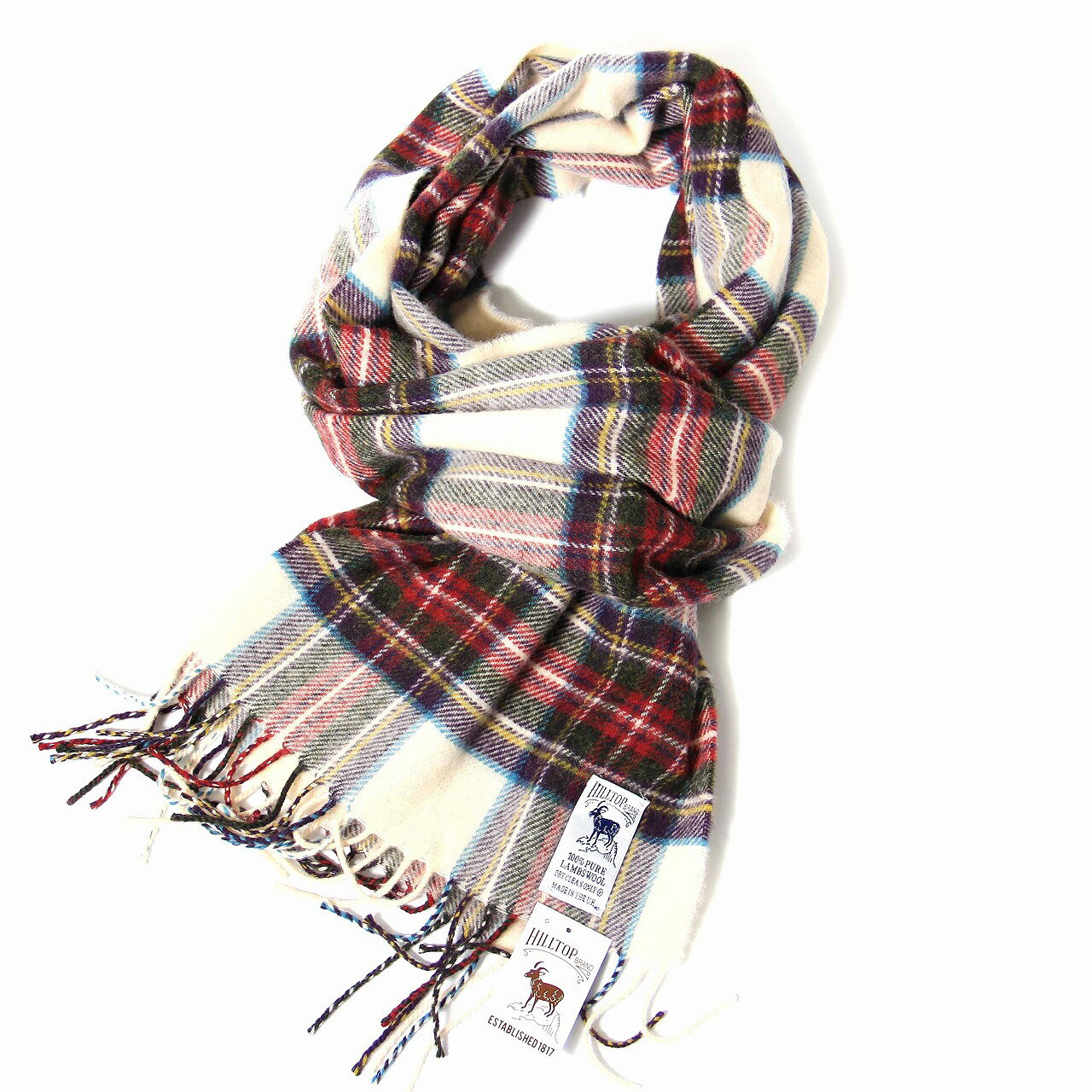 〈HILLTOP　ヒルトップ〉チェック　マフラー　ホワイト　グリーン　レッド　イエロー（Calico Dress Stewart）　100% Pure Lambswool 　スコットランド製　プレゼント