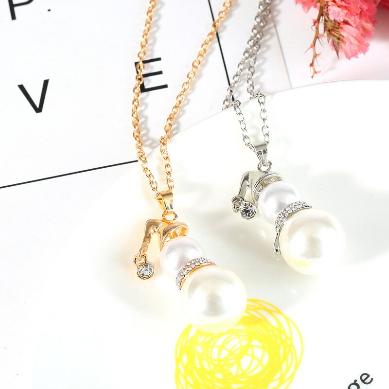 送料無料 ネックレス ペンダント レディース アクセサリー フェイクパール ラインストーン キラキラ 雪ダルマ 雪だるま おしゃれ 上品 可愛い かわいい 女性...