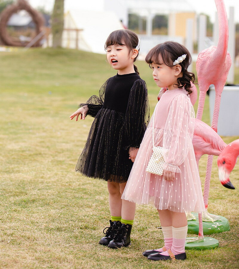 送料無料 ワンピース 子供服 女の子 ガールズ キッズ チュールスカート メッシュスカート 春服 長袖 膝丈 かわいい おしゃれ お出かけ 結婚式 発表会 ピンク ブラック