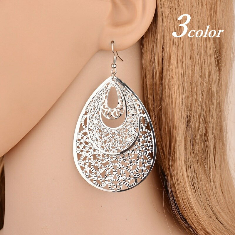 送料無料 ピアス フックピアス 両耳用 透かし プレート レディース 女性 婦人 アクセサリー ファッション小物 ドロップ 雫 おしゃれ ギフト プレゼント