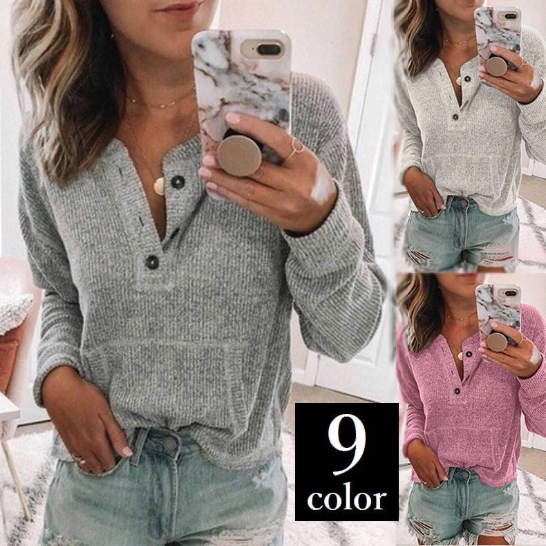 Long-Sleeved - 送料無料 カットソー レディース トップス 長袖 リブ Tシャツ ボタン Vネック ポケット 無地 シンプル カラバリ豊富 カジュアル おしゃれ 女性 婦人