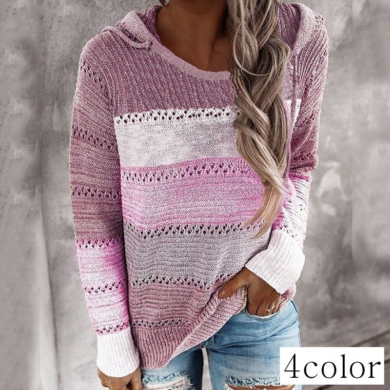 送料無料 ニット セーター レディース 女性用 トップス 長袖 フード付き クルーネック 穴あき サイドスリット マルチカラー カジュアル かわいい おしゃれ シンプル 袖リブ 裾リブ 着回し力 秋服 冬服