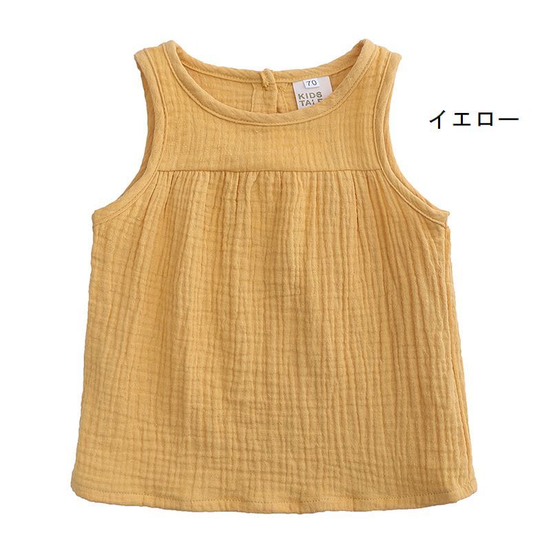 送料無料 子供用タンクトップ ノースリーブカットソー 袖なし ベビー キッズ 子ども服 トップス 丸首 ラウンドネック 切り替えし 首後ろボタン ポロ襟風 ギャザー パイピング 裾ストレートカット 無地 単色 ソリッドカラー シンプル カジュアル かわい