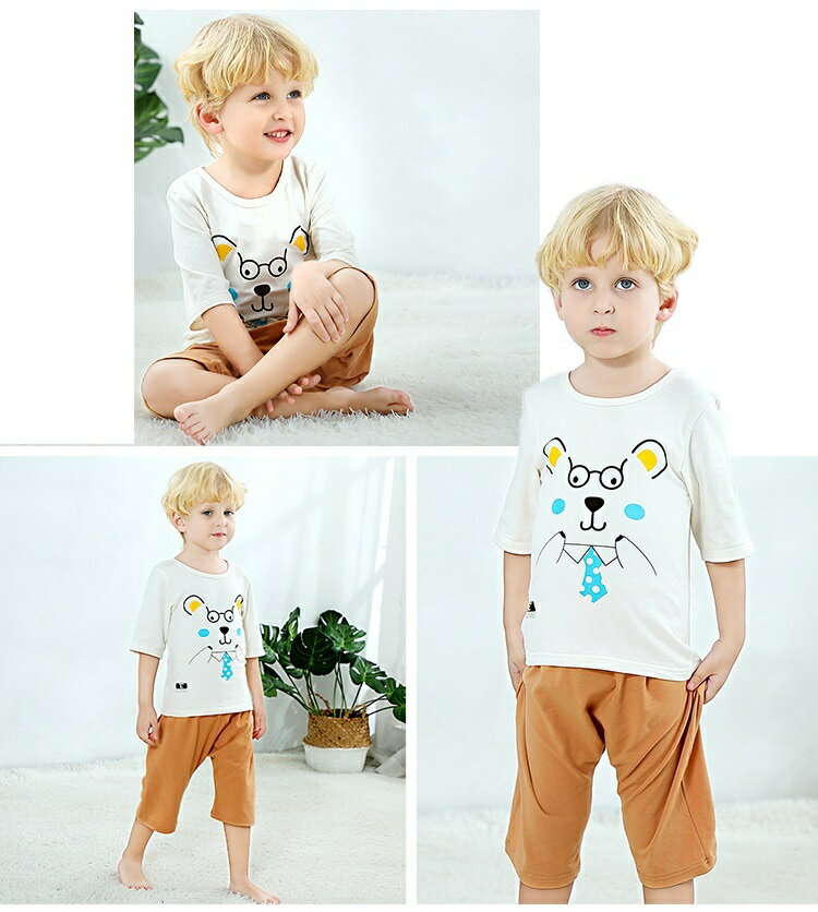 送料無料 パジャマ ルームウェア 2点セット キッズ 子供 ベビー 赤ちゃん セットアップ トップス ボトムス 五分袖 ラウンドネック カットソー プリント入り 五分丈 半ズボン ネコ クマ ボーダーカラー トラ アヒル ウマ 無地 恐竜 タヌキ ウサギ ドット柄 かわいい おしゃれ 3
