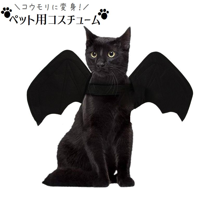 ねこちゃんやわんちゃんがコウモリに変身！ ハロウィンなどでの仮装にぴったりなペット用コスチュームです。 面ファスナーで留めるタイプなので、着脱もカンタンです♪ 【サイズについて】 画像をご参照ください。 【カラーについて】 生産ロットにより柄の出方や色の濃淡が異なる場合がございます。 お使いのモニターや撮影時の光の加減などにより 画像と実際の商品のカラーが異なる場合もございます。 予告なしにカラーやデザインなどの変更がある場合もございます。 【補足説明】 ※この商品はペットウエアです。散歩用ハーネスではございません※ 　Dカンにリードを接続される場合には、補助(ダブル)リードとしての 　ご利用をお勧めいたします。 　特に引きの強いワンちゃんへのご使用は十分ご注意ください。