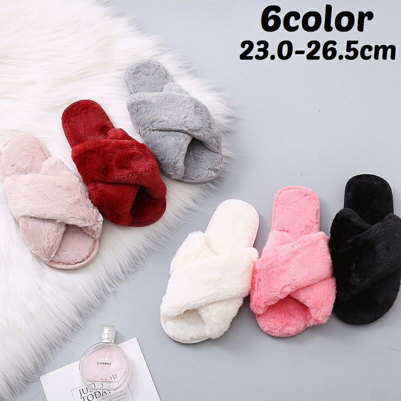 送料無料 スリッパ ルームシューズ サンダル レディース オープントゥ フラット クロス フェイクファー..