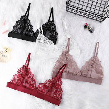 送料無料 三角ブラ ノンワイヤーブラ ブラジャー 下着 女性用 レディース 婦人 ホックあり 総レース 花柄レース 透け感 シースルー ナイトブラ リラックス おしゃれ かわいい セクシー