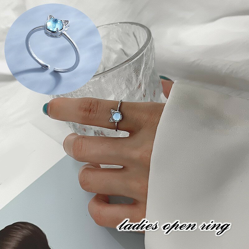 Rakuten - 送料無料 指輪 オープンリング アクセサリー レディース 女性 婦人用 猫モチーフ キュート かわいい 小ぶり 控え目 シルバーカラー ラインストーン ブルー 華奢 カジュアル 開口 ファッション小物