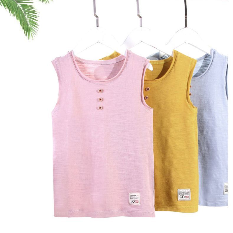 送料無料 タンクトップ ノースリーブ トップス カットオフ キッズ ジュニア 女の子 男の子 子ども服 子供 シンプル おしゃれ かわいい スタンダード 飾りボタン ラウンドネック 切りっぱなし 単色 無地 袖なし 薄手