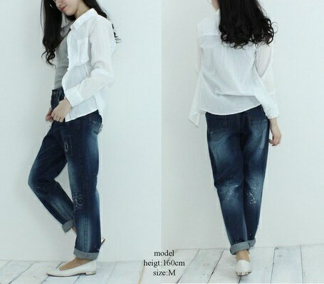 送料無料 ロングパンツ デニムパンツ ダメージ ペイント レディース 女性 ボトムス ジーンズ ジーパン Gパン ウエストサイドゴム 大きいサイズ シンプル カジュアル ゆったり 着回し ネイビー ブルー 婦人服
