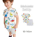 送料無料 セットアップ 上下セット 2点セット キッズ ジュニア 子供服 男の子 女の子 半袖 Tシャツ ラウンドネック 恐竜 ハーフパンツ ウエストゴム イー...
