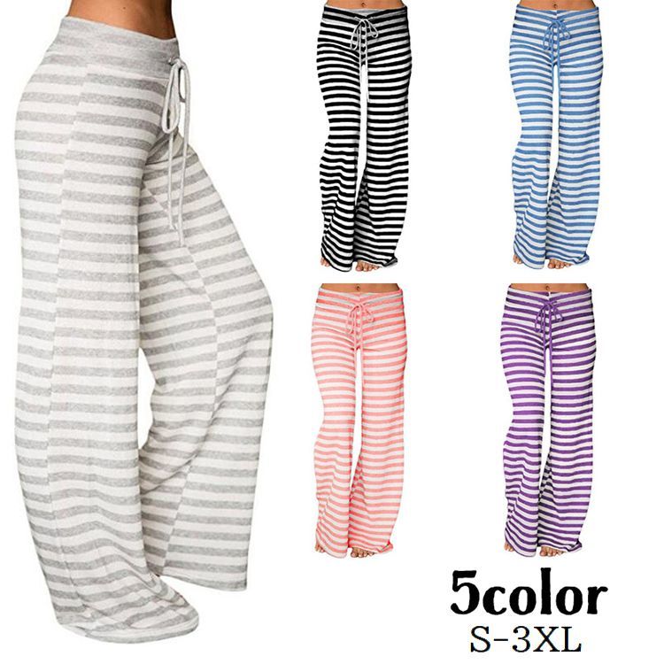 送料無料 ルームウェア ロングパンツ ボトムス レディース ワイド ゆったり ボーダー ウエストゴム ウエスト紐 シンプル 部屋着 パジャマ おうちウェア カジ...