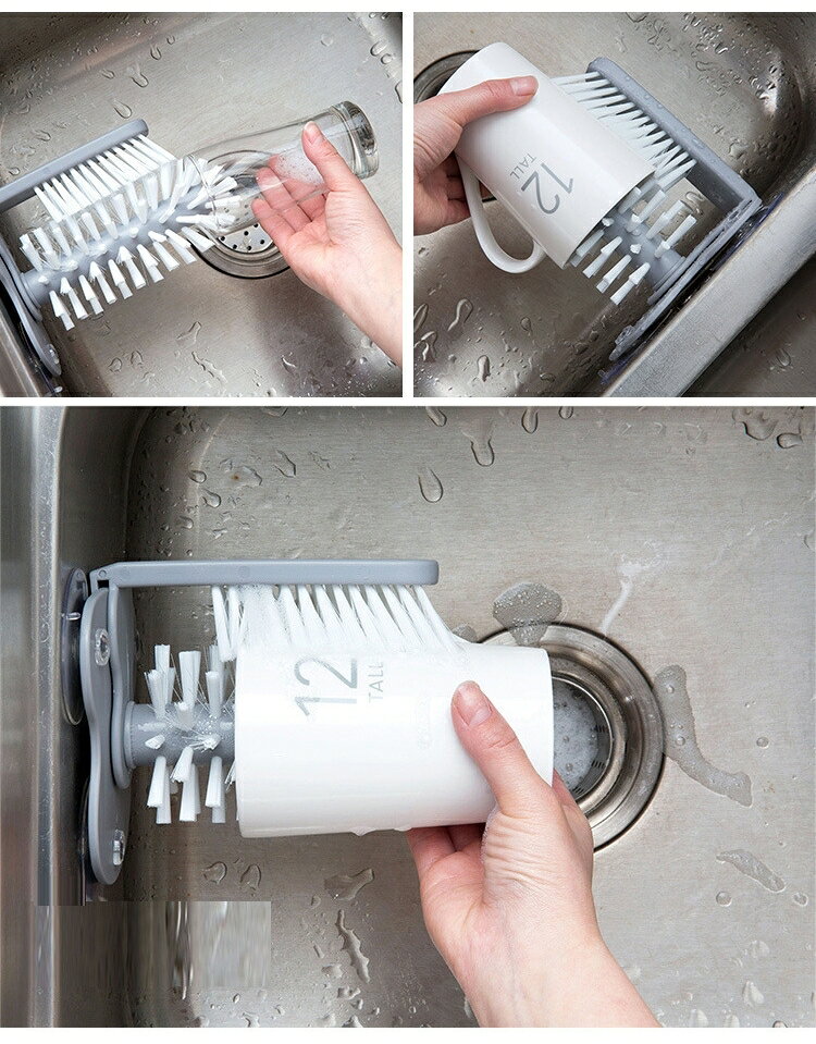 送料無料 ブラシ 吸盤付き キッチン用品 コップ洗い ガラスクリーナー ガラスワッシャー 水筒ブラシ 両面毛ブラシ 取付け簡単 台所用 シンク 便利グッズ 白 グレー 洗浄 清掃 kobe-s-10047416 dolcissimo サンプル画像3