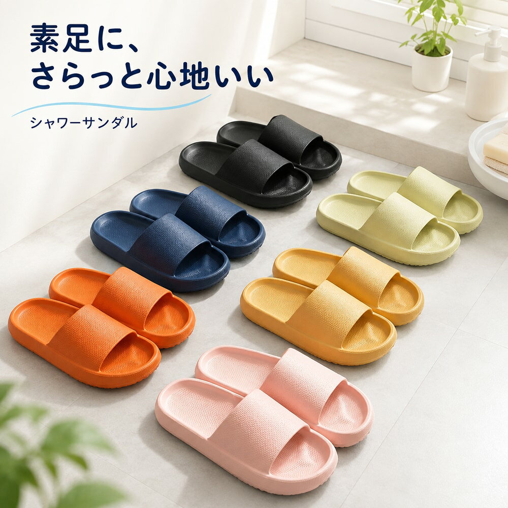 シンプルな大人用シャワーサンダル。 浴室・ベランダ・玄関などの室内履きにおすすめのアイテムです◎ 【サイズについて】 サイズはやや小さめの作りとなっています。 【カラーについて】 生産ロットにより柄の出方や色の濃淡が異なる場合がございます。 お使いのモニターや撮影時の光の加減などにより 画像と実際の商品のカラーが異なる場合もございます。 予告なしにカラーやデザインなどの変更がある場合もございます。 【素材について】 甲皮の使用材：EVA　底素材の種類：EVA
