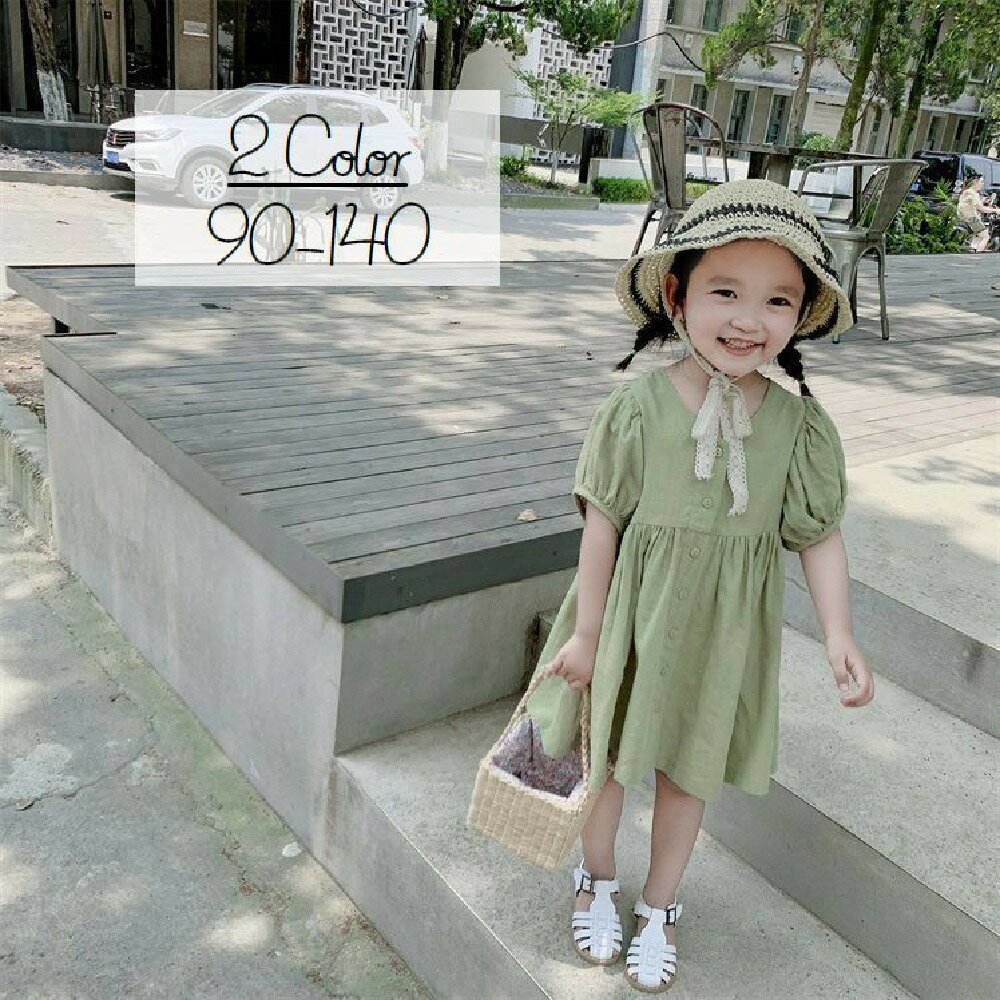送料無料 シャツワンピース フレア 半袖 キッズ 子供 女子 女の子 膝丈 膝上丈 パフスリーブ バルーン ノーカラー ギャザー シンプル 無地 夏 定番 お出かけ おしゃれ