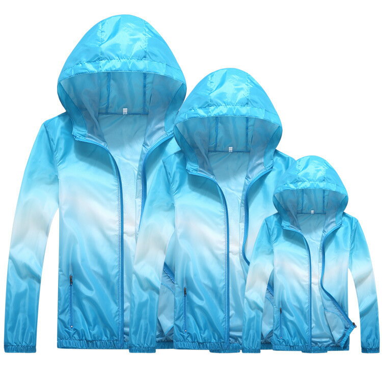 送料無料 親子ペアルック ウインドブレーカー ラッシュパーカー 長袖 ジップアップ レディース メンズ キッズ ジュニア 子供用 アウター フード付き 上着 羽織り 大きいサイズあり グラデーション 親子でお揃い 日焼け予防 紫外線対策 UV対策 アウトドア 女の子 男の子 女性 2