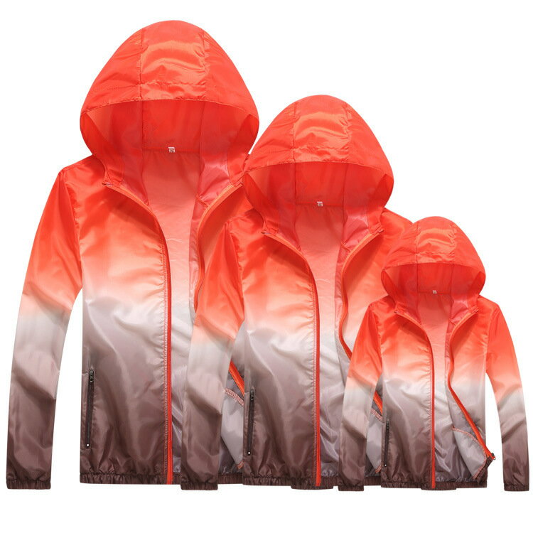 送料無料 親子ペアルック ウインドブレーカー ラッシュパーカー 長袖 ジップアップ レディース メンズ キッズ ジュニア 子供用 アウター フード付き 上着 羽織り 大きいサイズあり グラデーション 親子でお揃い 日焼け予防 紫外線対策 UV対策 アウトドア 女の子 男の子 女性 3