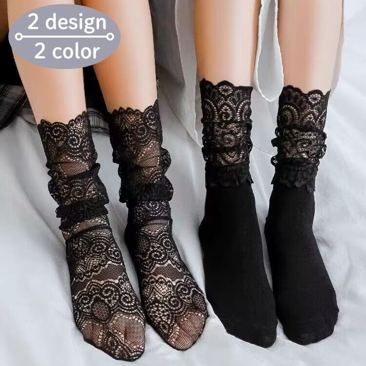 送料無料 靴下 クルーソックス レディース レース シースルー くつ下 女性用 透け感 通気性 かわいい おしゃれ ガーリー 総レース 半レース 白 黒 ホワイト ブラック