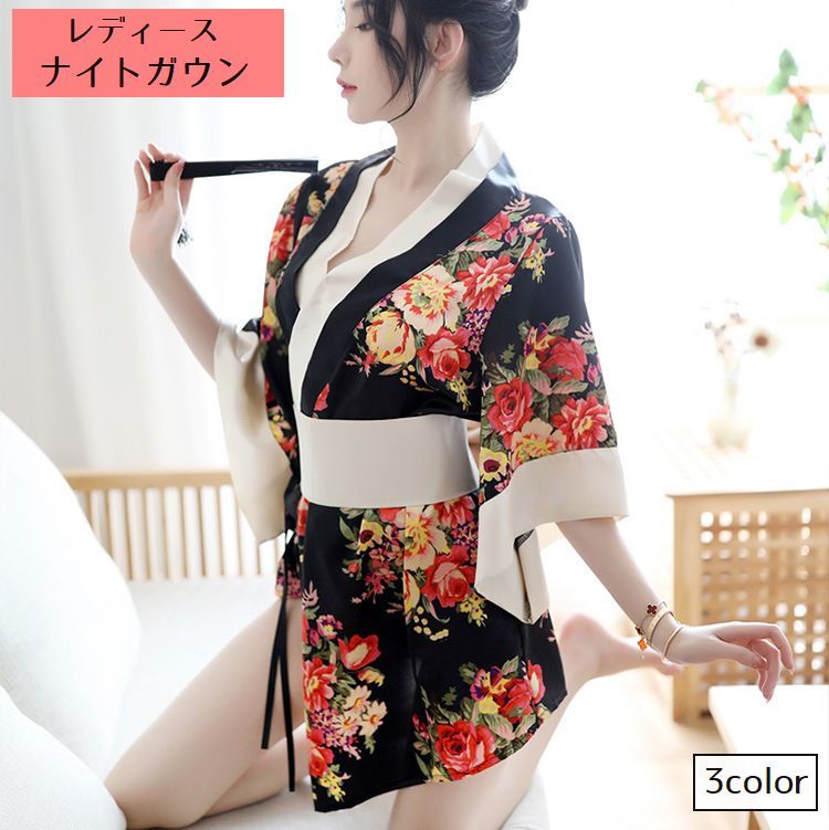 送料無料 ナイトガウン レディース 着物風 3点セット Tバックショーツ ベルト 女性 インナー ナ ...