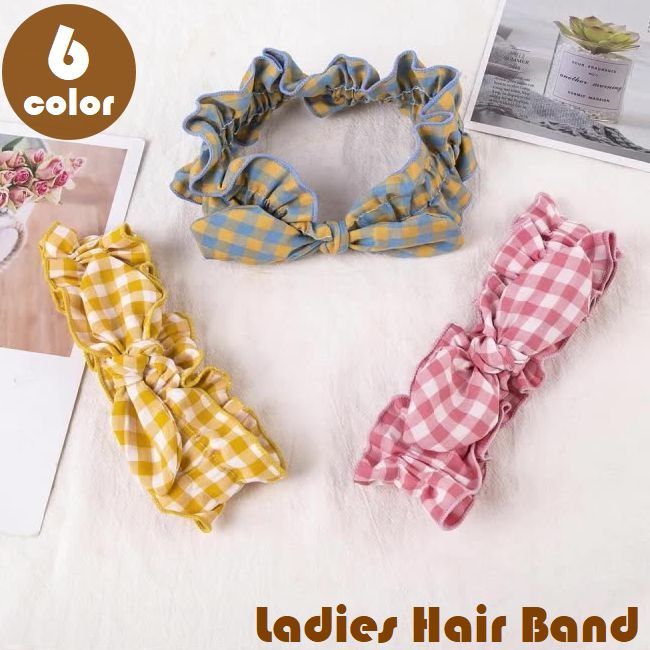 送料無料 ヘアバンド レディース 女性用 ヘアアクセサリー チェック柄 柄物 リボン風 うさ耳風 ゴム シ..