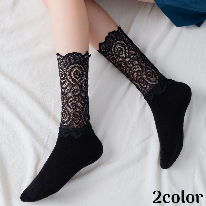 送料無料 靴下 クルーソックス レディース レース フリル スカラップ 薄手 吸汗 通気性 シースルー 透け感 ロリータ 甘ロリ かわいい