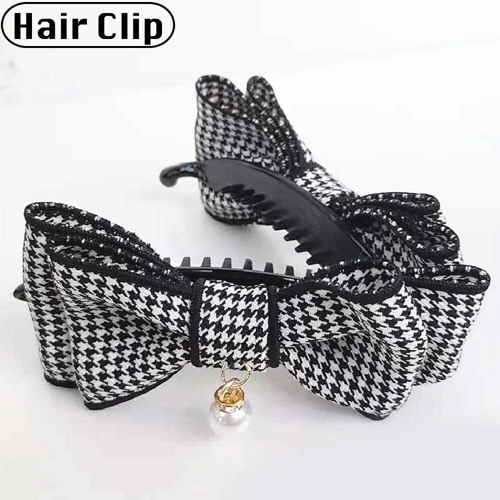 送料無料 ヘアクリップ バナナクリップ リボン レディース ヘアアクセサリー 髪留め 髪飾り まとめ髪 ヘアアレンジ フェイクパール パール調 千鳥柄 女性用 婦人用