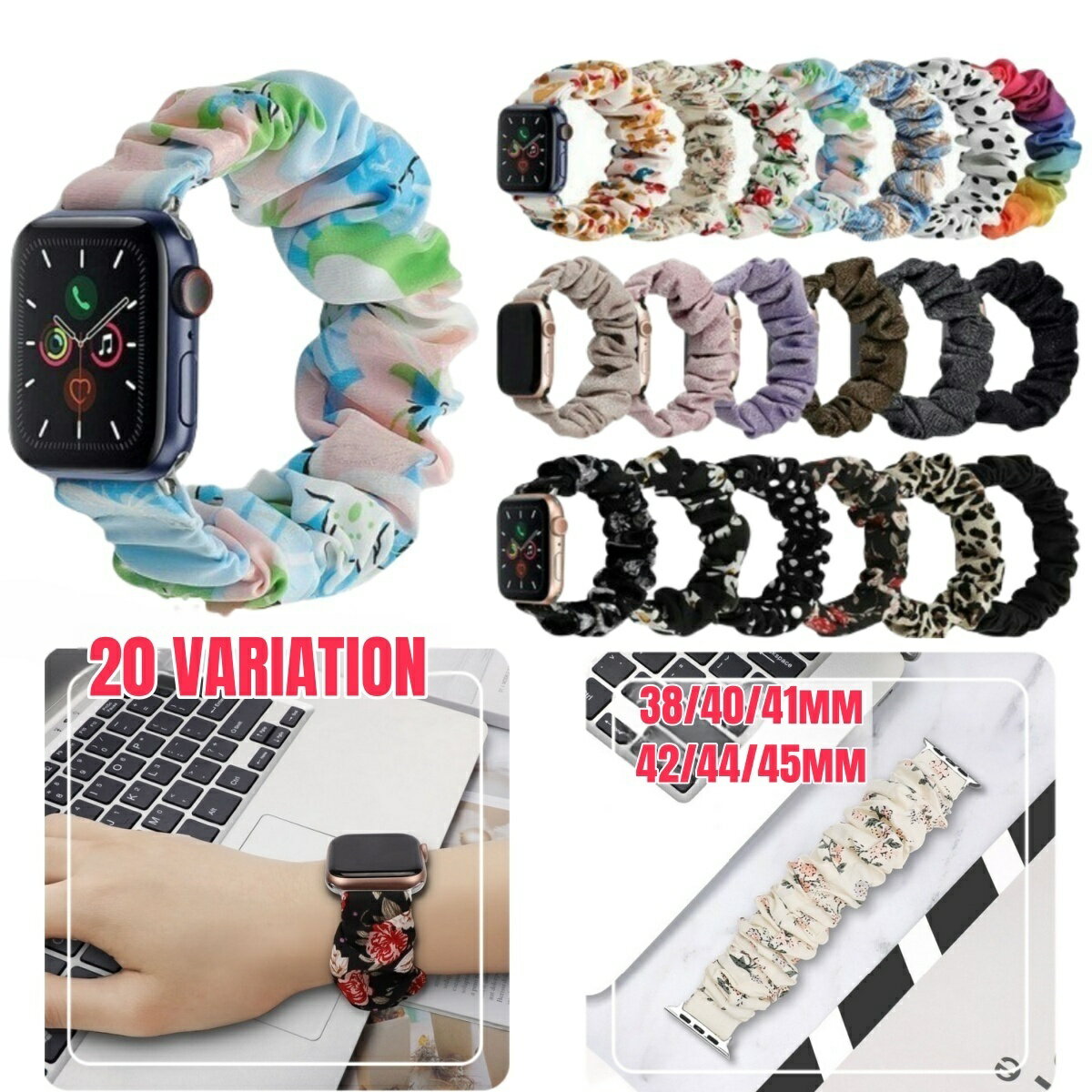 送料無料 腕時計用ベルト アップルウォッチ用 スマートウォッチ用 シュシュタイプ 布製 レディース 女性 着せ替え 交換ベルト 付け替え series 7 6 ...