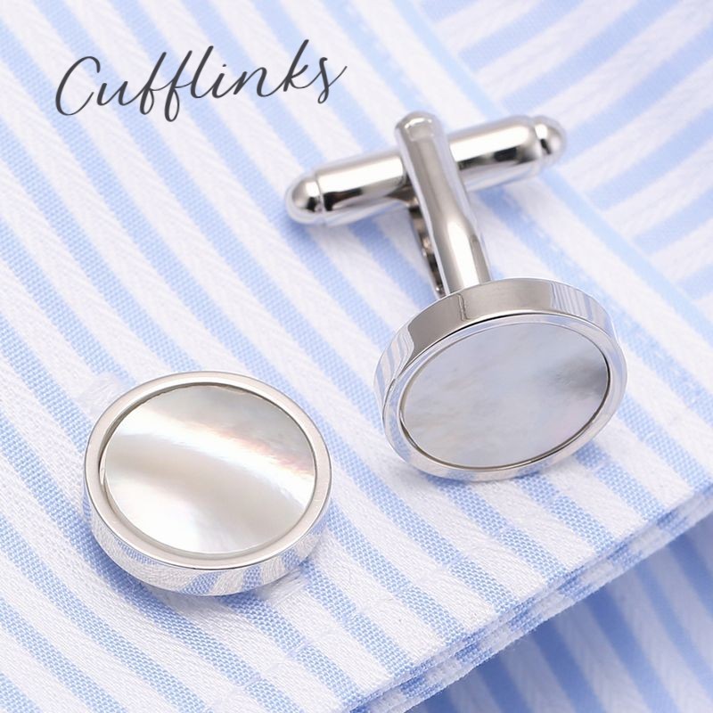 送料無料 カフスボタン カフスリンクス メンズ アクセサリー スーツ シェル風 サークス 丸 ラウンド シルバーカラー ホワイト 白 パーティ ベーシック 定番...