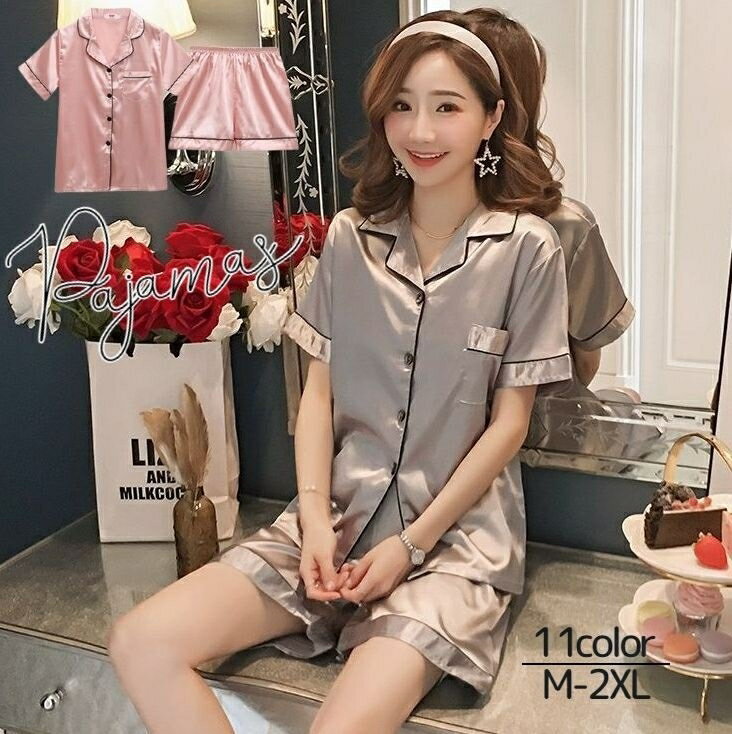 送料無料 パジャマ 上下2点セット セットアップ レディース 半袖 ショートパンツ 前開き 襟付き ボタン Vネック 大きいサイズ 光沢 サテン調 シンプル 無地 パイピング 寝巻き ルームウェア 部屋着 ナイトウェア 寝間着 寝巻 トップス ボトムス 半ズボン M L XL 2XL 大人用