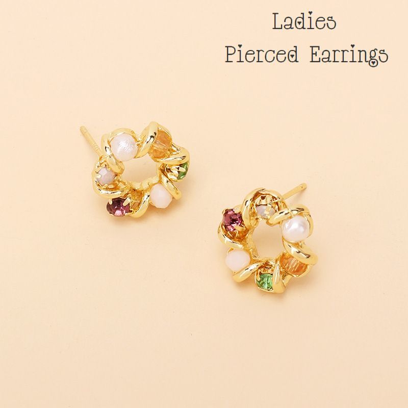 送料無料 スタッドピアス キャッチピアス レディース アクセサリー 耳飾り ラインストーン ドーナツ型 フェイクパール 女性用 婦人用 上品 おしゃれ 記念日 ...