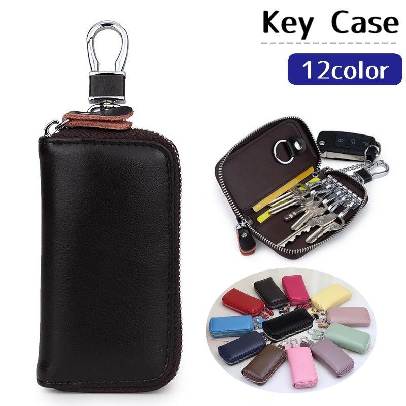 送料無料 キーケース スマートキーケース 6連 キーポーチ 本革 カラビナ付き カード入れ ファスナー ジッパー 鍵入れ 収納 持ち運び便利 紛失防止 落下防止 おしゃれ カラバリ豊富 黒 ブラック ブラウン ブルー ギフト お祝い プレゼント