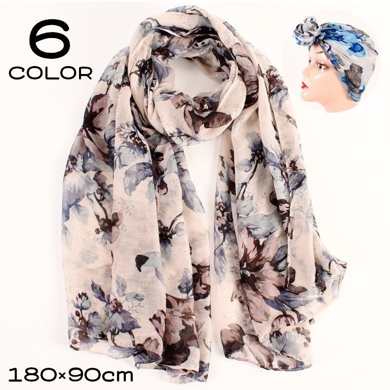 送料無料 ストール スカーフ マフラー ショール ヘッドカバー レディース 大判 ロング 薄手 透け感 花柄 フラワー 長方形 上品 綿麻混