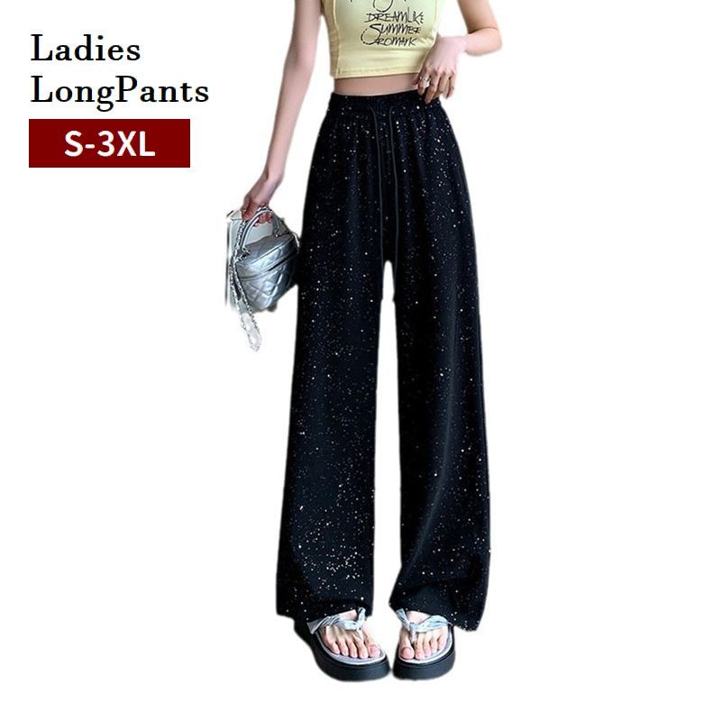 送料無料 ロングパンツ セミワイドパンツ 長ズボン レディース ボトムス イージーパンツ ラメ キラキラ ウエストゴム 婦人服 女性用 大きいサイズあり カジュアル 楽ちん 普段着 お出掛け 部屋着 ルームウェア S M L XL 2XL 3XL