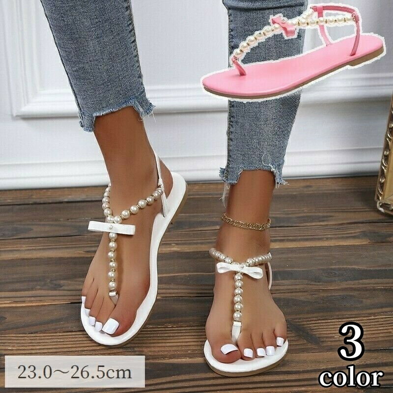 送料無料 トングサンダル レディース 女性用 靴 フラットソール ぺたんこ パール風 フェイクパール リボン アンクルストラップ 大きいサイズ エレガント かわいい おしゃれ フェミニン シューズ ピンク ブラック ホワイト 黒 白
