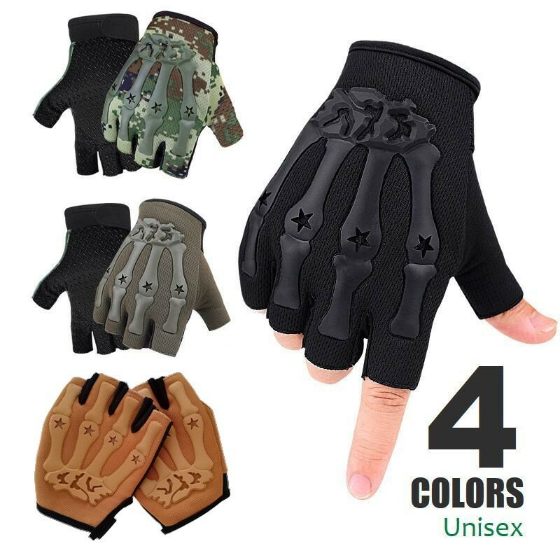 送料無料 ハーフフィンガーグローブ オープンフィンガー 手袋 メンズ レディース スケルトンモチーフ 指先なし サイクリング アウトドア スポーツ 無地 迷彩 防寒 滑り止め スカル 骸骨 ブラック カーキ グリーン