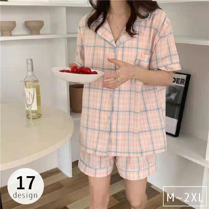 送料無料 パジャマ 上下セット レディース 女性用 半袖 半ズボン 短パン 前開き チェック柄 ヒョ ...