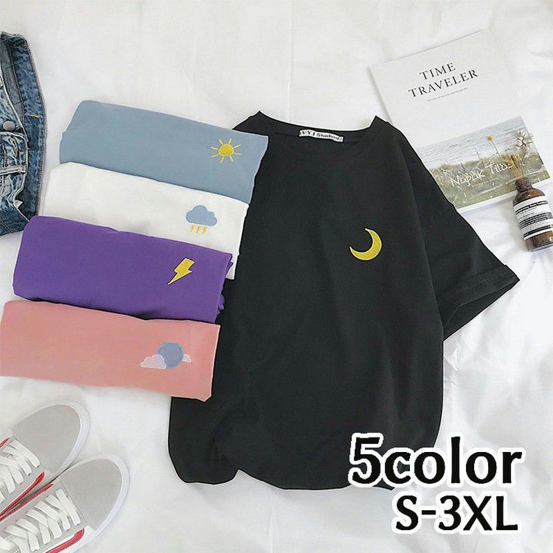 送料無料 Tシャツ カットソー 半袖 レディース 婦人服 トップス 5分丈 ラウンドネック シンプル ワンポイント ゆったり ビッグシルエット ルーズフィット 太陽 月 雲 雷 天気 おしゃれ かわいい 普段使い デイリー カジュアル 大きいサイズ