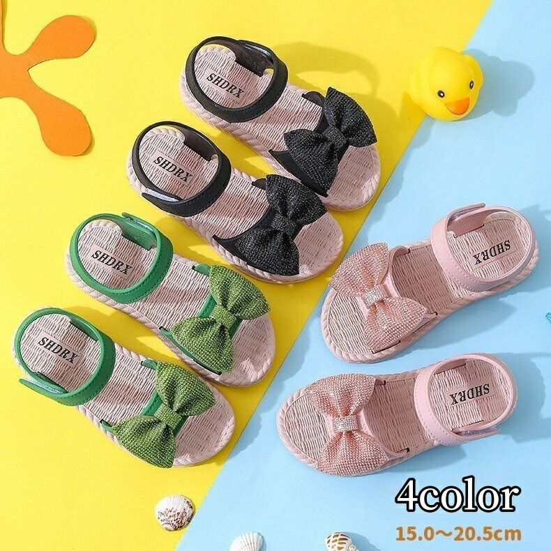 送料無料 サンダル ストラップサンダル キッズ 子供 女の子 シューズ 靴 オープントゥ マジック テープ リボン フラットサンダル ぺたんこ かわいい おしゃれ カジュアル