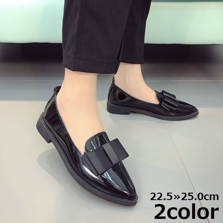 送料無料 パンプス アーモンドトゥ レディース 靴 シューズ レザー調 リボン フラット ローヒール 美脚 軽量 防滑 ビジネスカジュアル