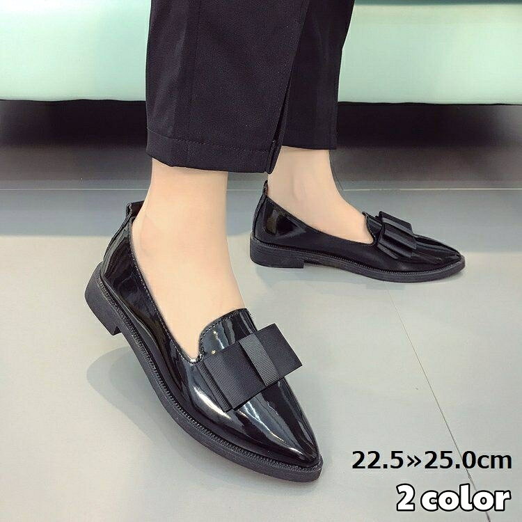 送料無料 パンプス アーモンドトゥ レディース 靴 シューズ レザー調 リボン フラット ローヒール 美脚 軽量 防滑 ビジネスカジュアル